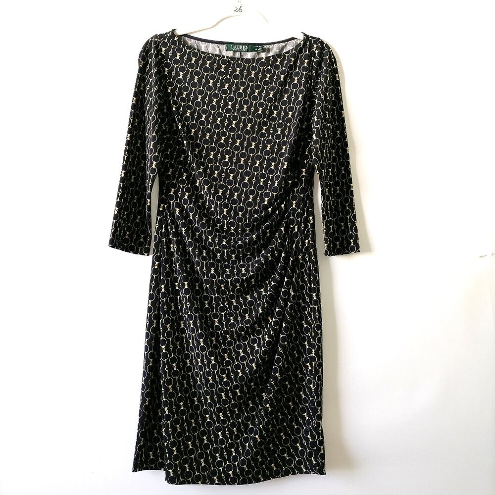 Lauren Ralph Lauren Womens Blue Boat Neck Geometric Print A-Line Dress Size 10